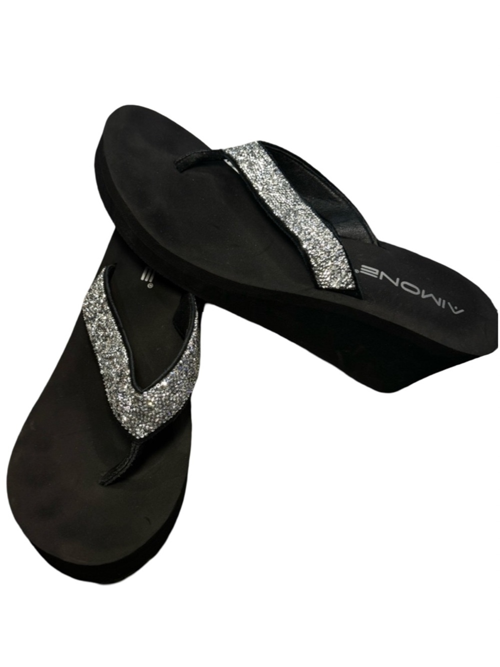 ⚫️🪩 Wedge Flip Flops with Silver Glitter‎ Straps Platform Heeled thong 🔘⚫️